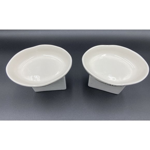 Rae Dunn SIP NIBBLE & SAVOR Ivory Oval Ceramic Small Pet Food Bowl Set 6.5" ea. - Picture 2 of 6